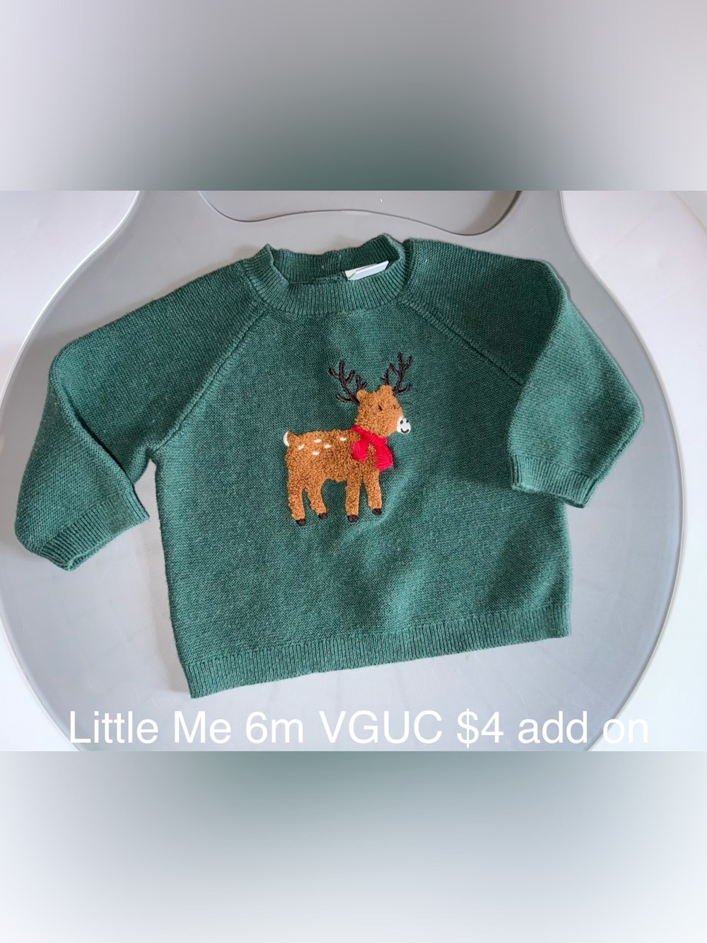 Little Me Green Knit Sweater with Brown Reindeer and Red Scarf